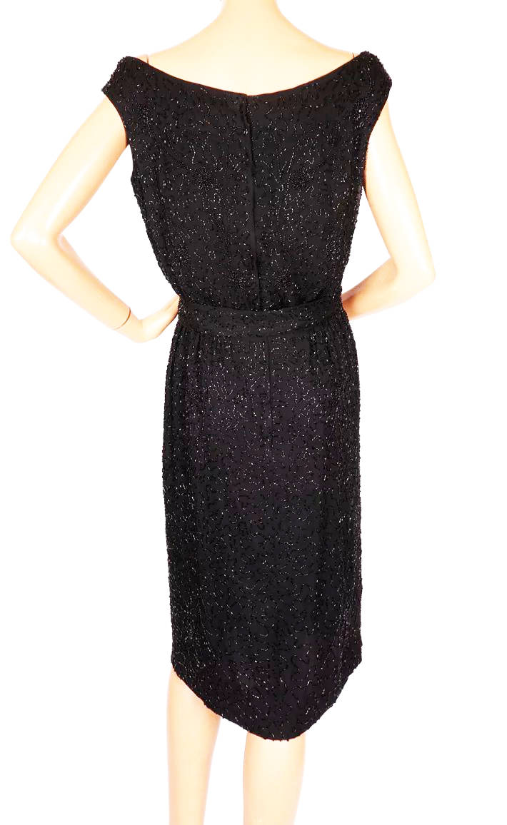Vintage 1960s Ceil Chapman Black Beaded Sheath Dress - M - Poppy's Vintage Clothing