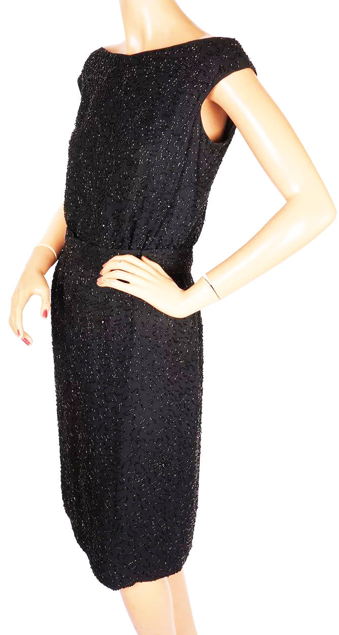 Vintage 1960s Ceil Chapman Black Beaded Sheath Dress - M Vintage 1960s Ceil Chapman Black Beaded Sheath Dress - M