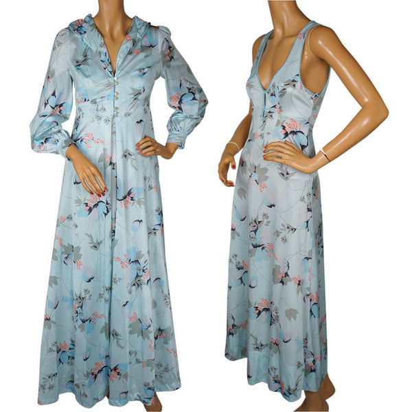 Vintage 1970s Nightie Hooded Peignoir Set Printed Nylon Peek a Boo Nightgown - Poppy's Vintage Clothing