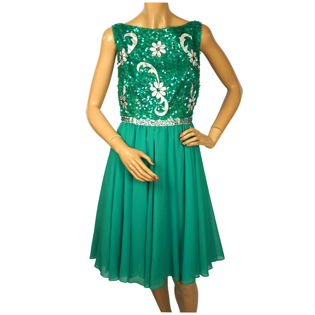 Vintage 1960s Party Dress Green Sequinned Silk Chiffon Accentique by Daymor Sz M - Poppy's Vintage Clothing