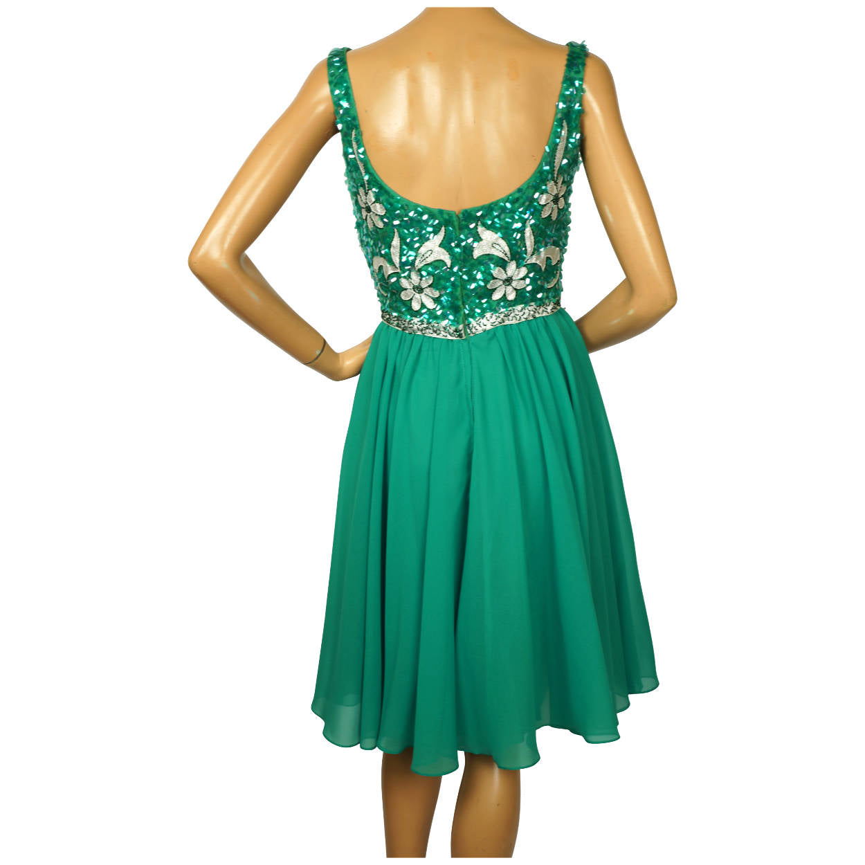 Vintage 1960s Party Dress Green Sequinned Silk Chiffon Accentique by Daymor Sz M - Poppy's Vintage Clothing