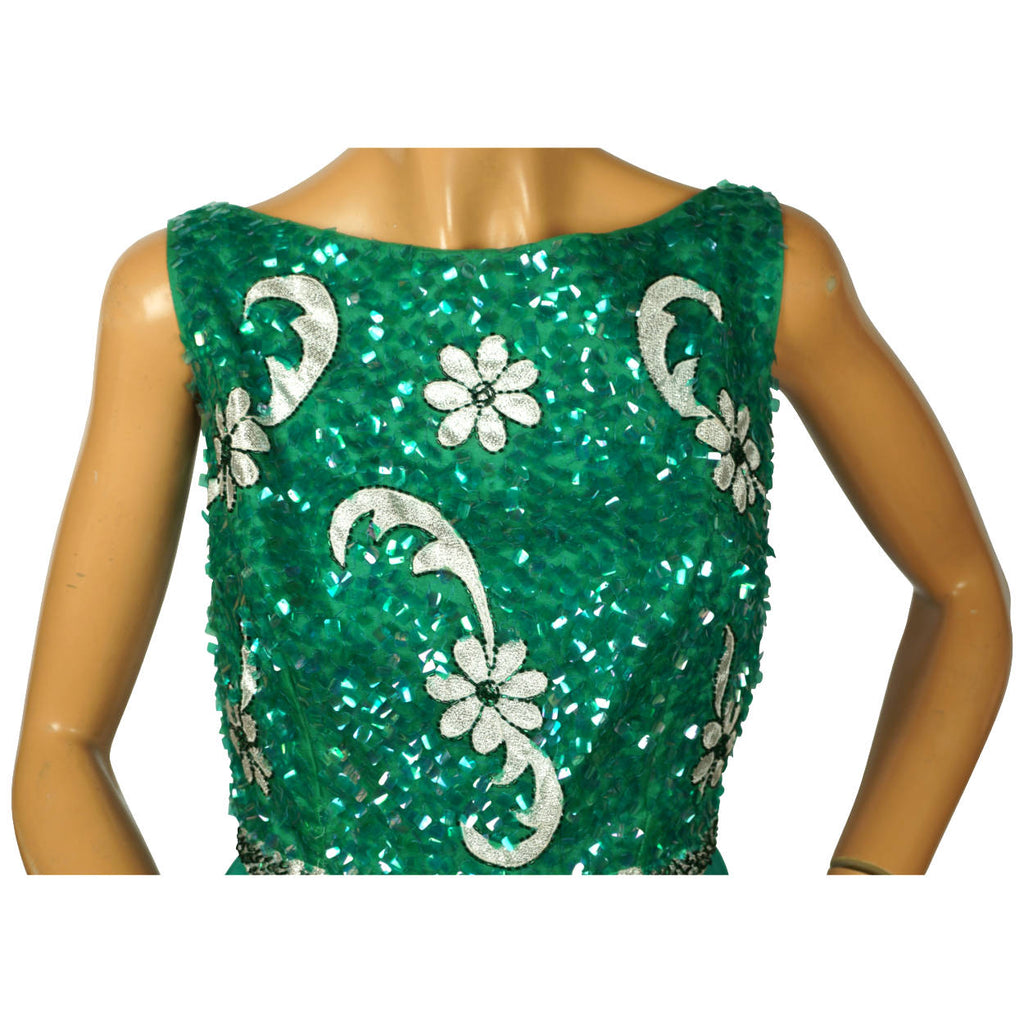 Vintage 1960s Party Dress Green Sequinned Silk Chiffon Accentique by Daymor Sz M - Poppy's Vintage Clothing