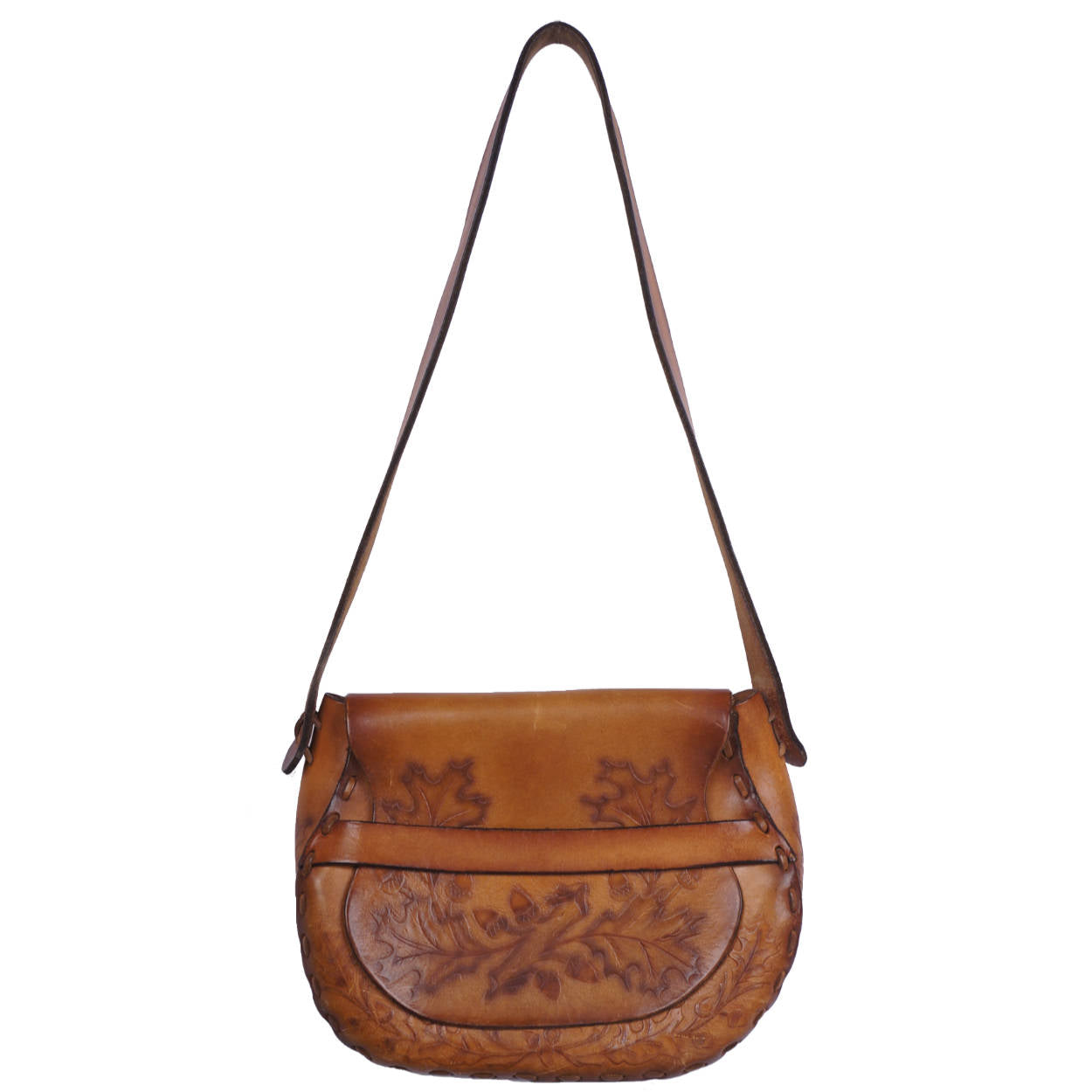 Vintage 1960s Hippie Tooled Leather Purse Boho Saddle Bag Acorns