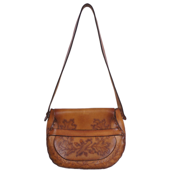 Vintage 1960s Hippie Tooled Leather Purse Boho Saddle Bag Acorns &amp; Oak Leaves - Poppy's Vintage Clothing