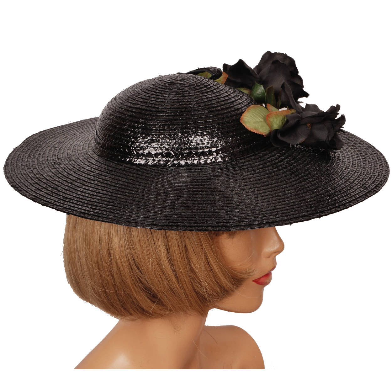 Vintage Adolfo II Black Straw Wide Brim Ladies Hat Size Medium - Poppy's Vintage Clothing