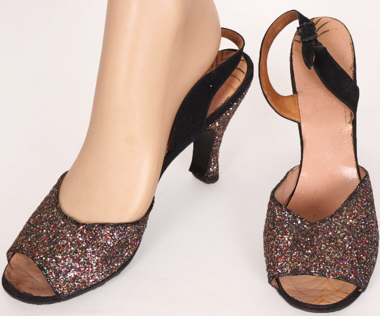 Vintage 1950s Glitter Shoes - Suede Peep Toe - 4 Inch Heel - Adrian Original - Poppy's Vintage Clothing