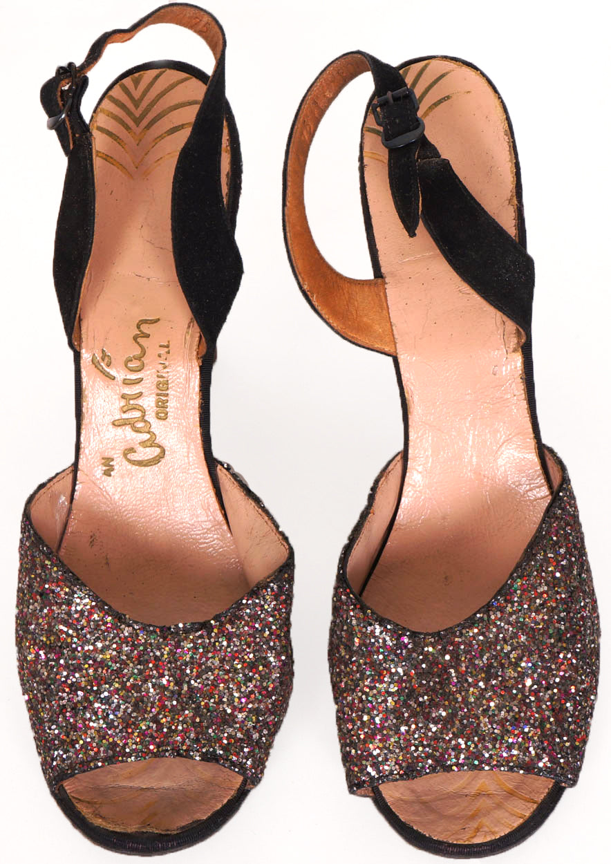 Vintage 1950s Glitter Shoes - Suede Peep Toe - 4 Inch Heel - Adrian Original - Poppy's Vintage Clothing