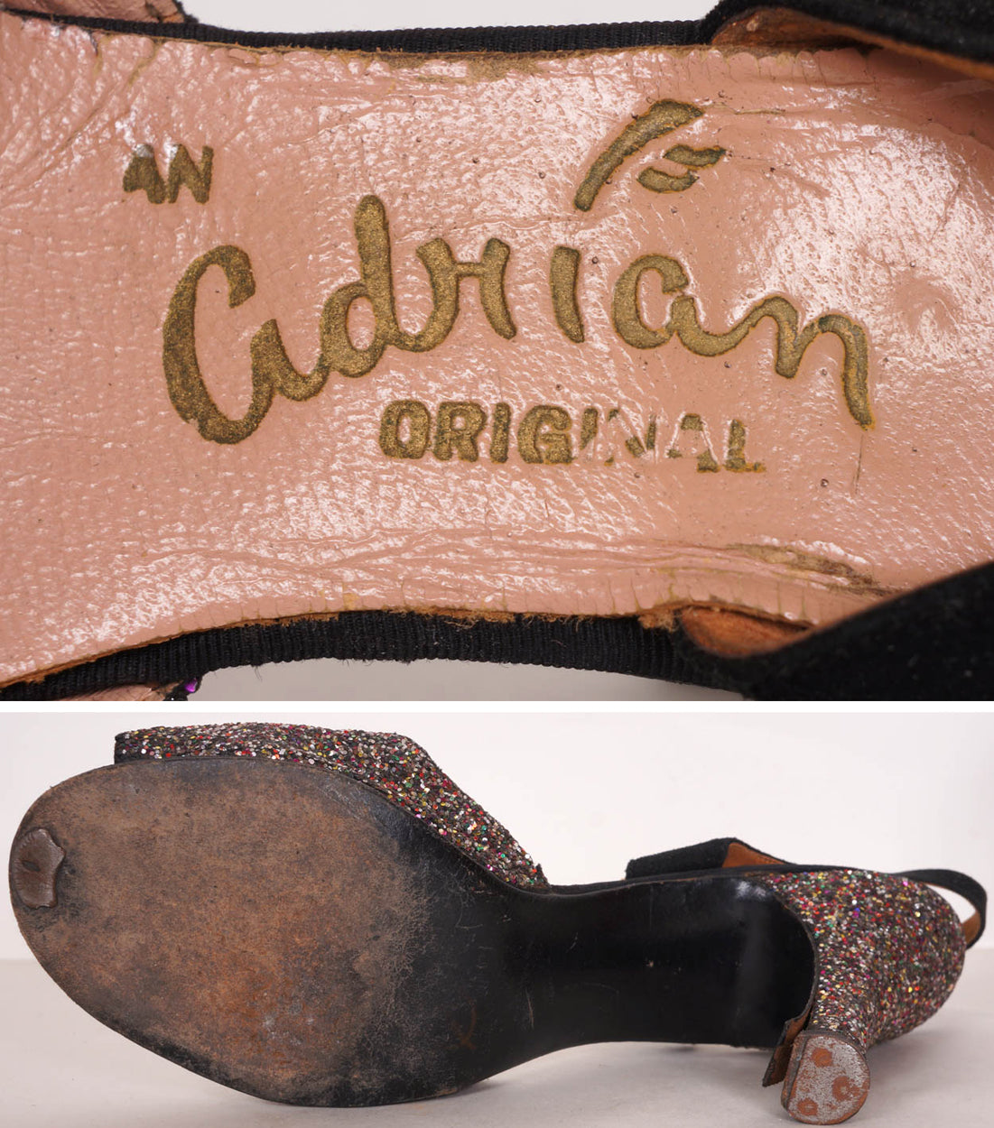 Vintage 1950s Glitter Shoes - Suede Peep Toe - 4 Inch Heel - Adrian Original - Poppy's Vintage Clothing