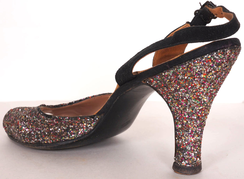 Vintage 1950s Glitter Shoes - Suede Peep Toe - 4 Inch Heel - Adrian Original - Poppy's Vintage Clothing