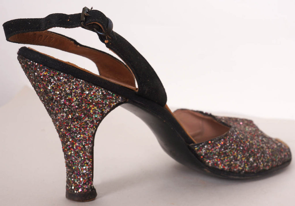 vintage dress heels Vintage 1950s Glitter Shoes - Suede Peep Toe - 4 Inch Heel