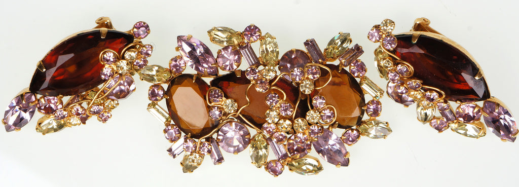 D&E Juliana Jewelry Alexandrite Glass Rhinestone Demi Parure Brooch & Earrings - Poppy's Vintage Clothing