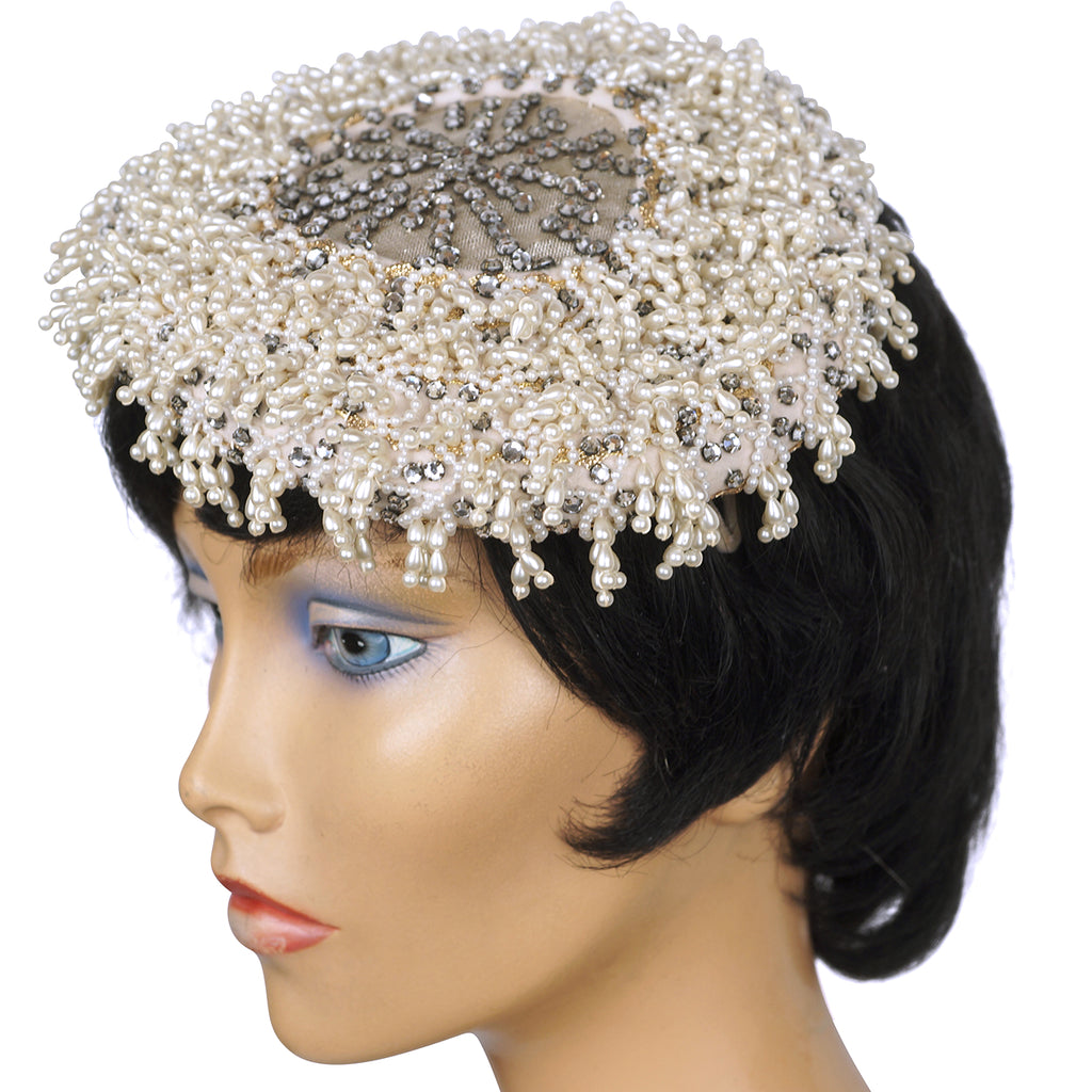 Vintage 1950s Cocktail Hat Beaded w Pearls &amp; Rhinestones Alfreda Paris New York - Poppy's Vintage Clothing