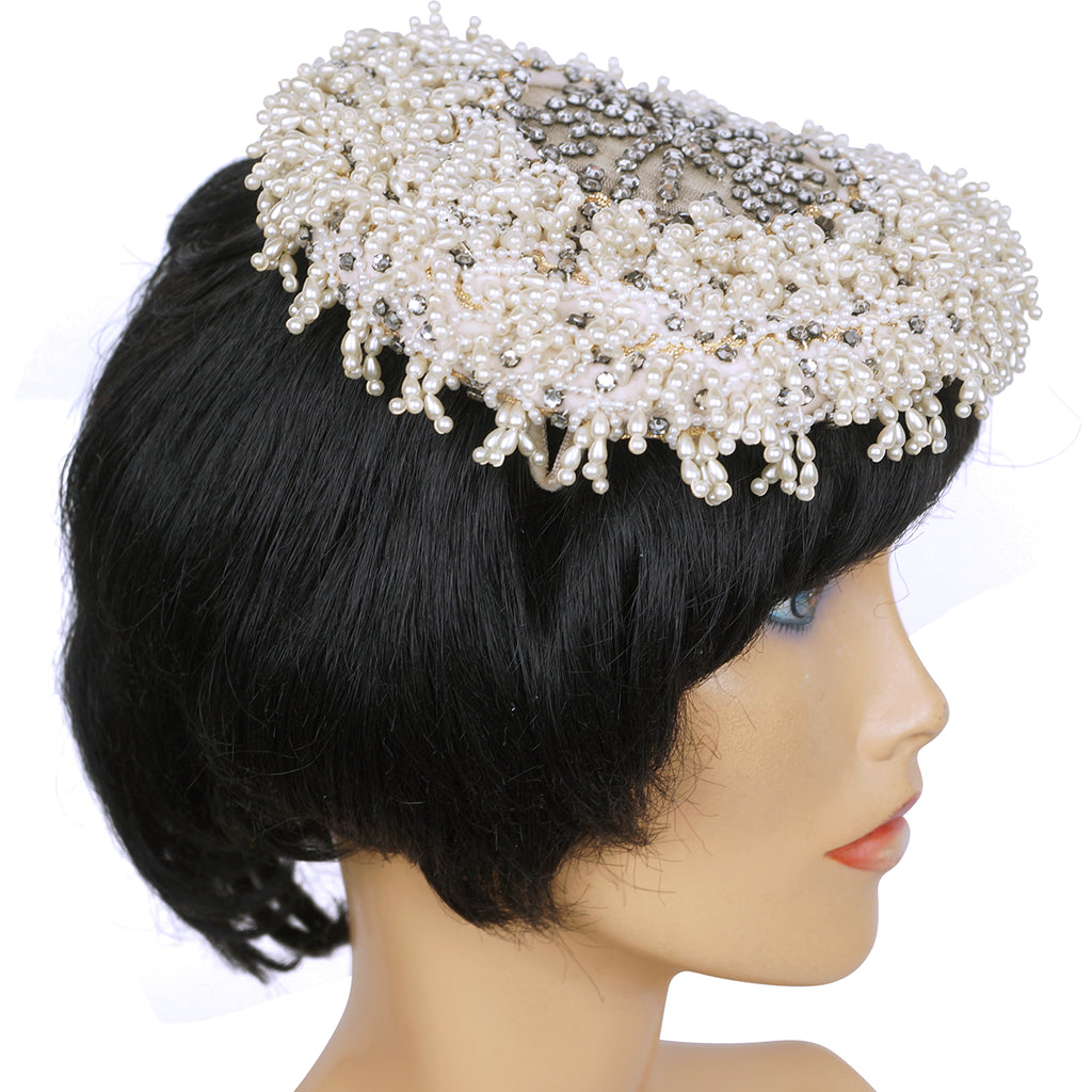 Vintage 1950s Cocktail Hat Beaded w Pearls &amp; Rhinestones Alfreda Paris New York - Poppy's Vintage Clothing