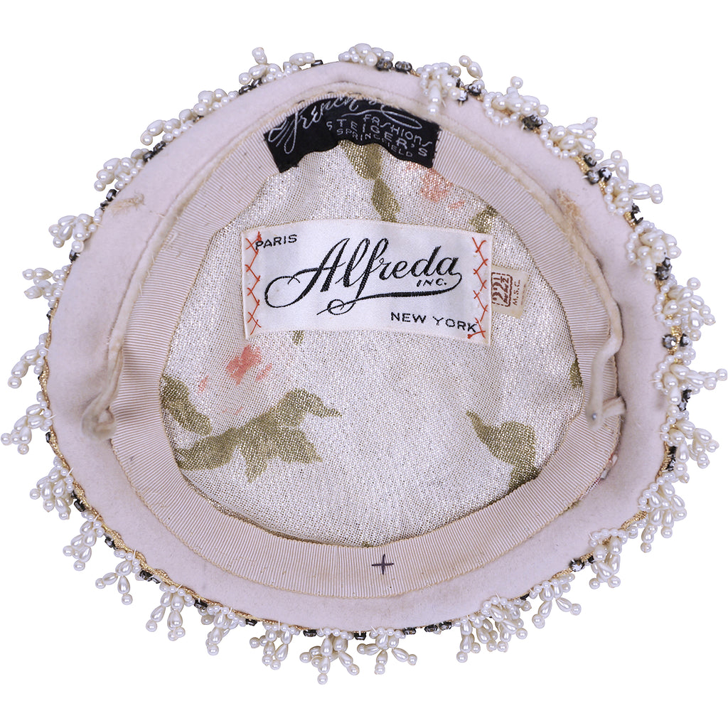 Vintage 1950s Cocktail Hat Beaded w Pearls &amp; Rhinestones Alfreda Paris New York - Poppy's Vintage Clothing