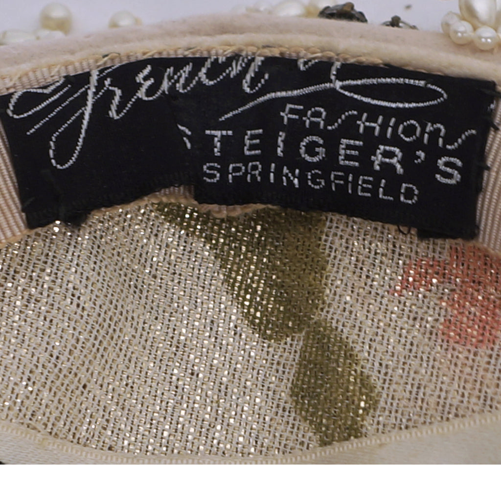 Vintage 1950s Cocktail Hat Beaded w Pearls &amp; Rhinestones Alfreda Paris New York - Poppy's Vintage Clothing