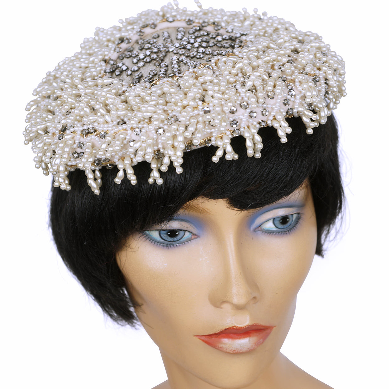 Vintage 1950s Cocktail Hat Beaded w Pearls &amp; Rhinestones Alfreda Paris New York - Poppy's Vintage Clothing