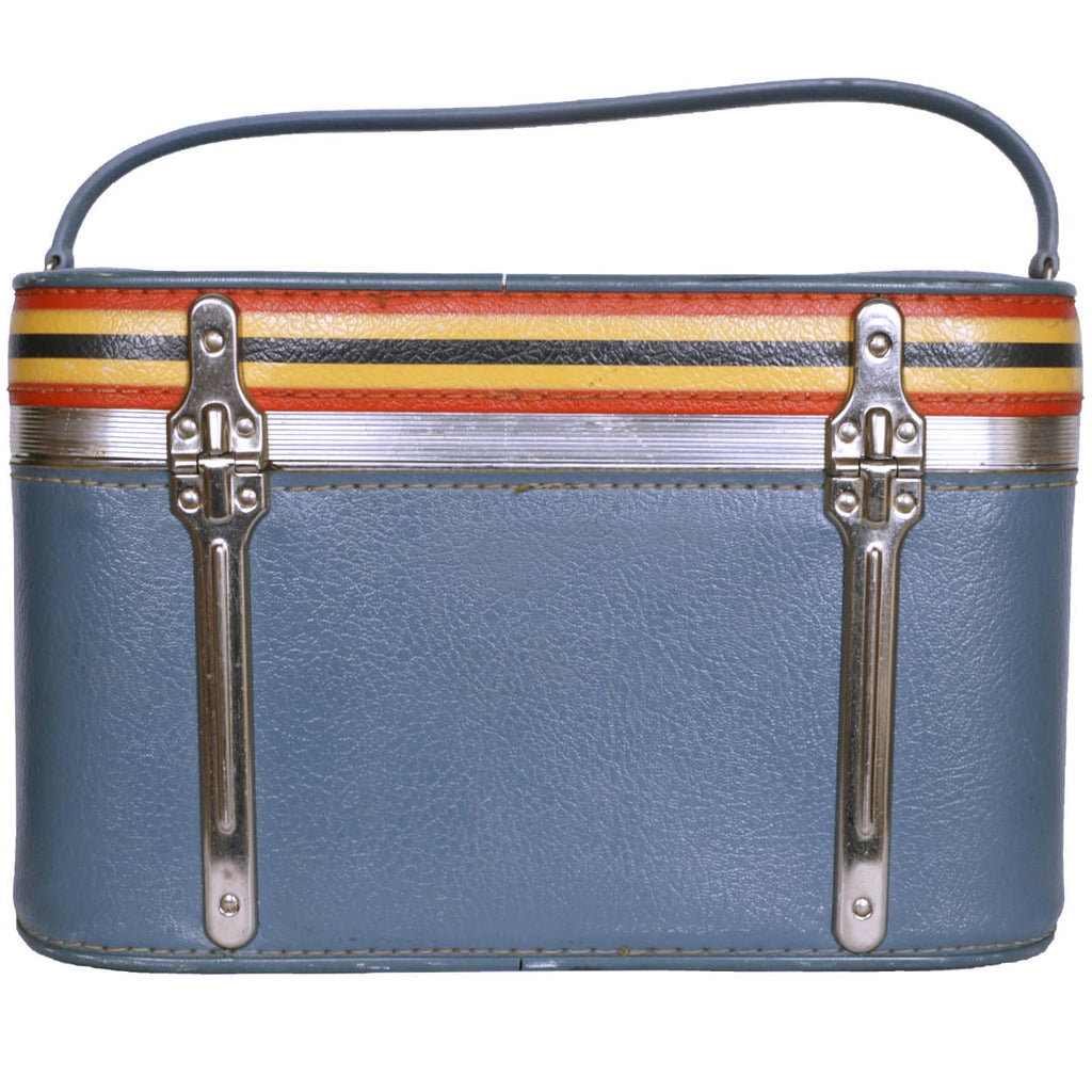 Vintage 1960s Amelia Earhart Striped Travel Train Case Blue Vanity Luggage - Poppy's Vintage Clothing