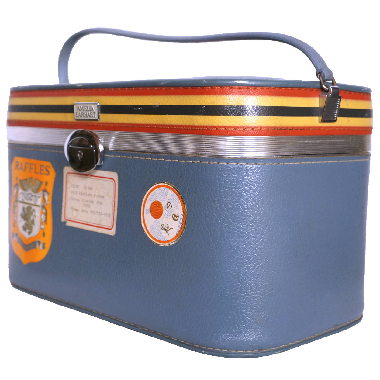 Vintage 1960s Amelia Earhart Striped Travel Train Case Blue Vanity Luggage - Poppy's Vintage Clothing