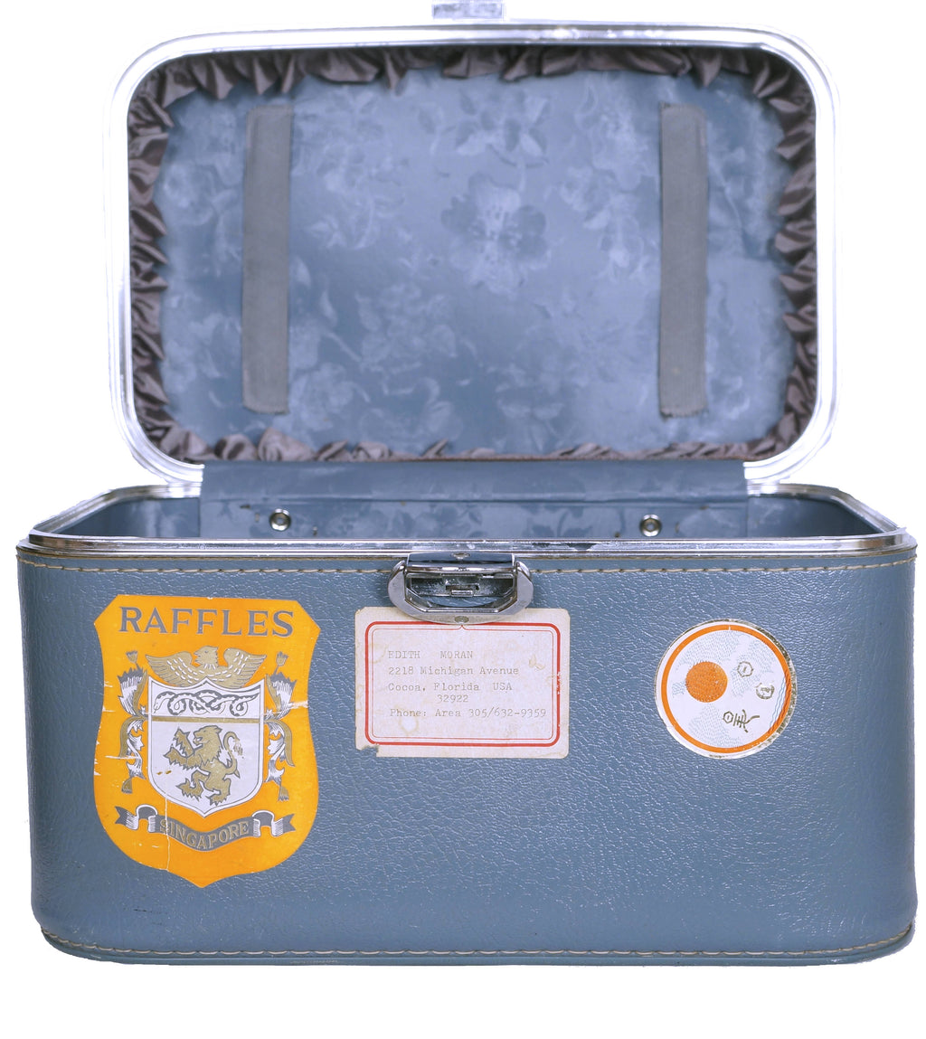 Vintage 1960s Amelia Earhart Striped Travel Train Case Blue Vanity Luggage - Poppy's Vintage Clothing