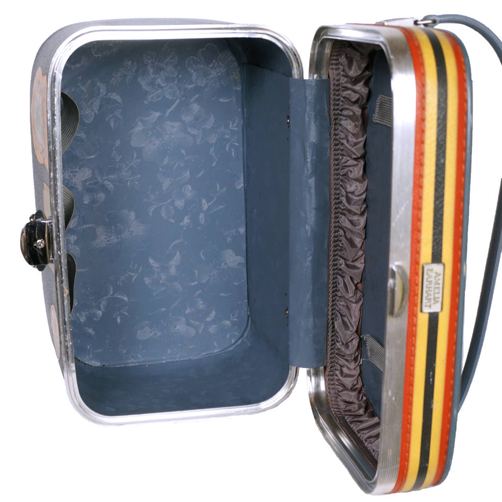 Vintage 1960s Amelia Earhart Striped Travel Train Case Blue Vanity Luggage - Poppy's Vintage Clothing