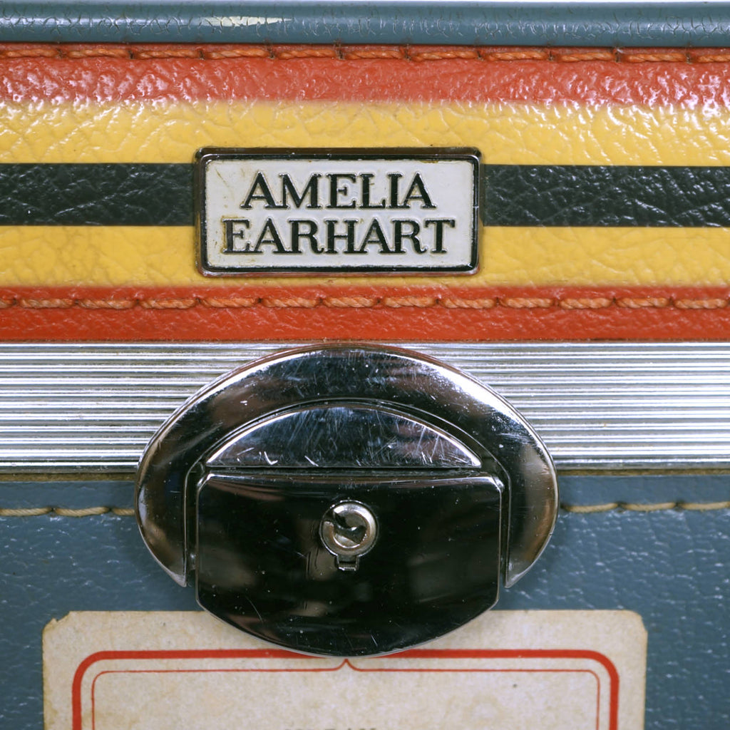Vintage 1960s Amelia Earhart Striped Travel Train Case Blue Vanity Luggage - Poppy's Vintage Clothing