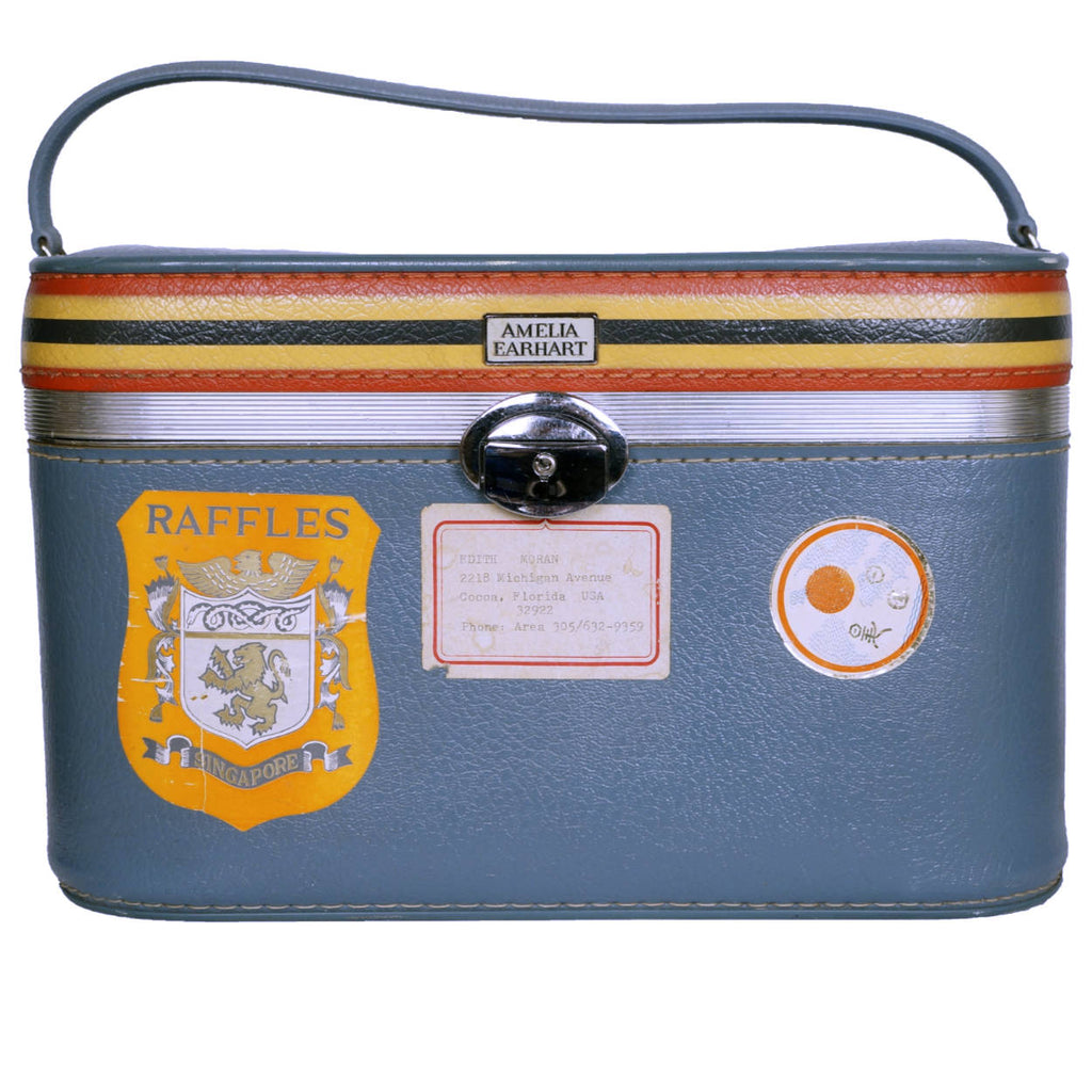 Vintage 1960s Amelia Earhart Striped Travel Train Case Blue Vanity Luggage - Poppy's Vintage Clothing
