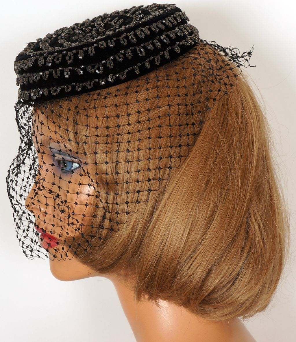 1950s Veiled Pillbox Hat by Amy of New York - Black Velvet with Clear Beads - Poppy's Vintage Clothing
