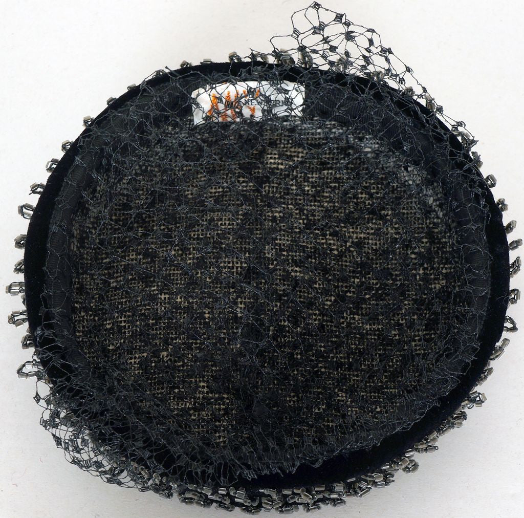 1950s Veiled Pillbox Hat by Amy of New York - Black Velvet with Clear Beads - Poppy's Vintage Clothing