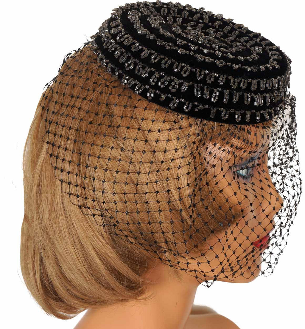 1950s Veiled Pillbox Hat by Amy of New York - Black Velvet with Clear Beads - Poppy's Vintage Clothing