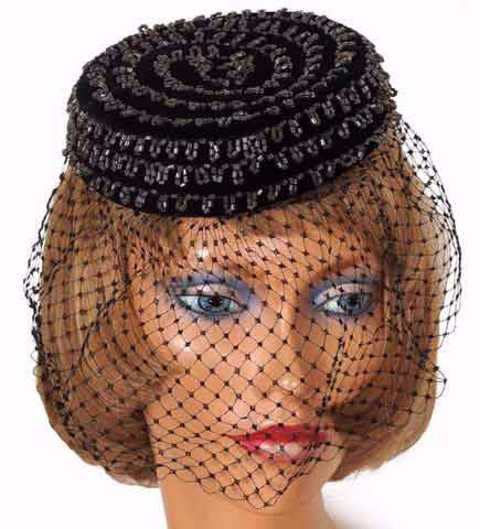 1950s Veiled Pillbox Hat by Amy of New York - Black Velvet with Clear Beads - Poppy's Vintage Clothing