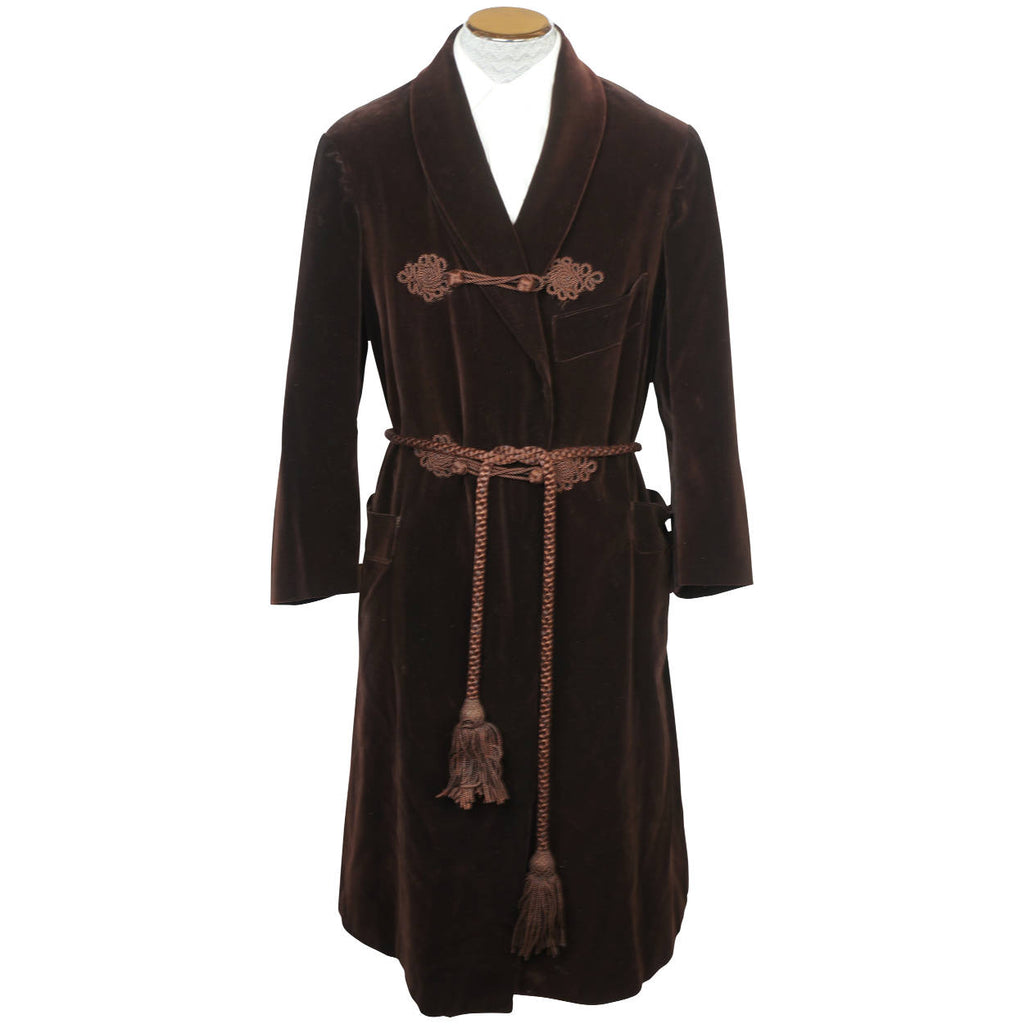 Vintage 1910s 20s Mens Dressing Gown Brown Velvet Size M - Poppy's Vintage Clothing