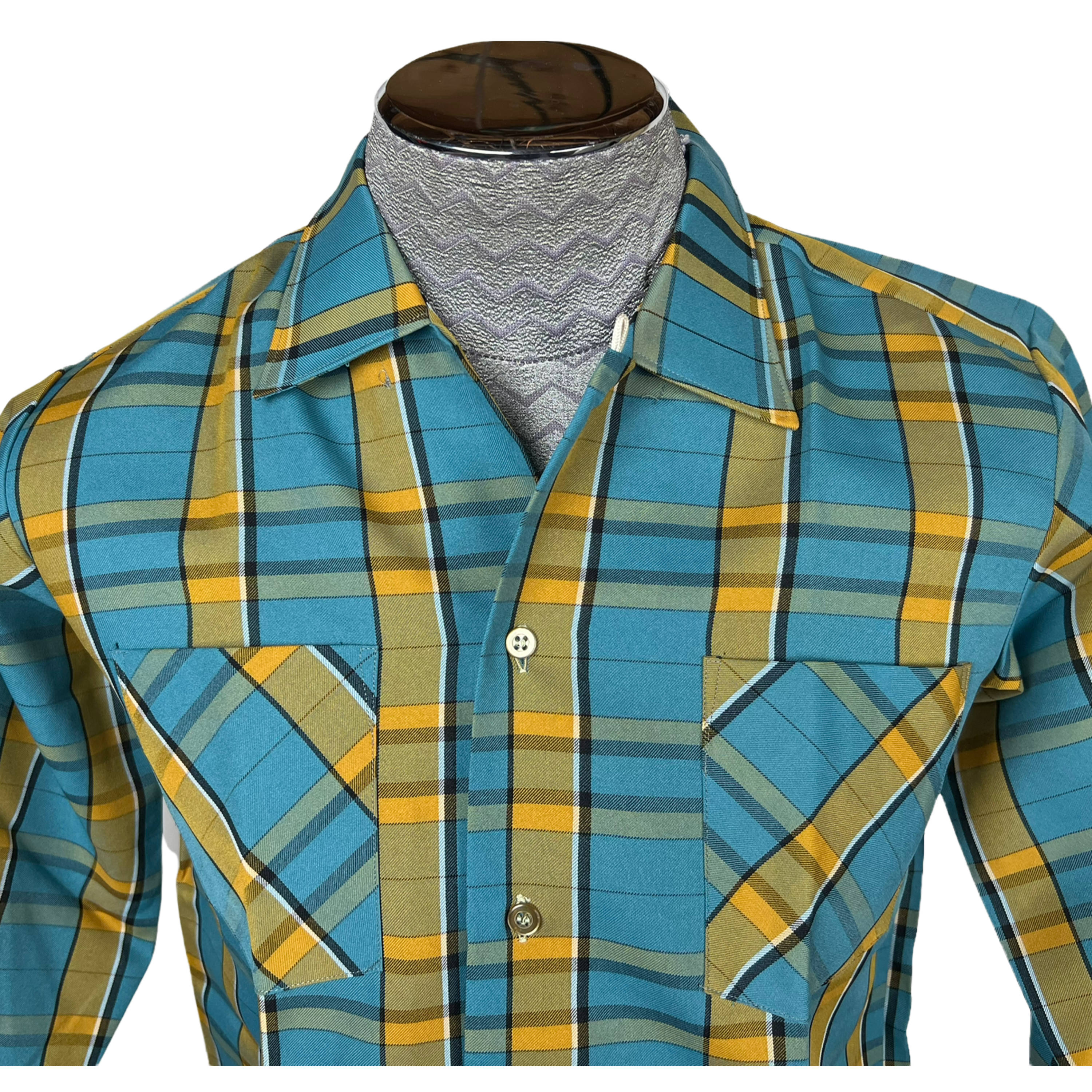 トップス 50s-60s Open Collar Check Shirt Unused Vintage 1950s Mens Shirt w Loop Collar Plaid Size M