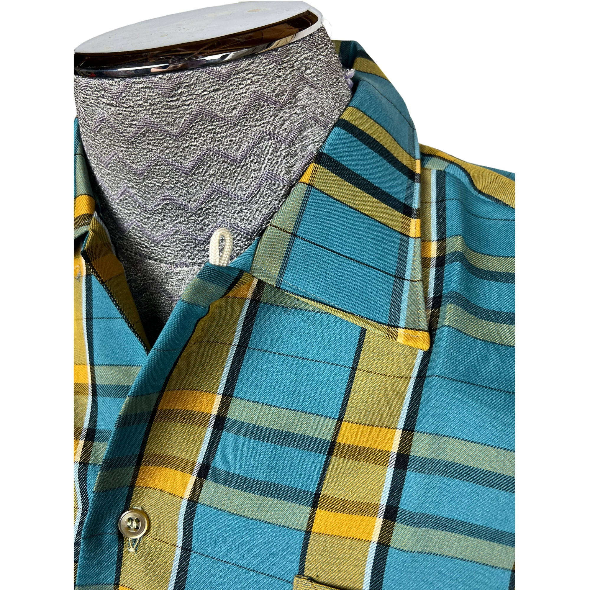 Unused Vintage 1950s Mens Shirt w Loop Collar Plaid Size M