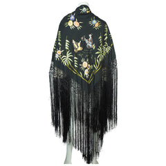 Art Deco Chinese Canton Silk Embroidered Shawl People w Floral Embroidery As Is - Poppy's Vintage Clothing