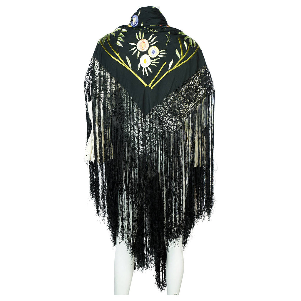 Art Deco Chinese Canton Silk Embroidered Shawl People w Floral Embroidery As Is - Poppy's Vintage Clothing