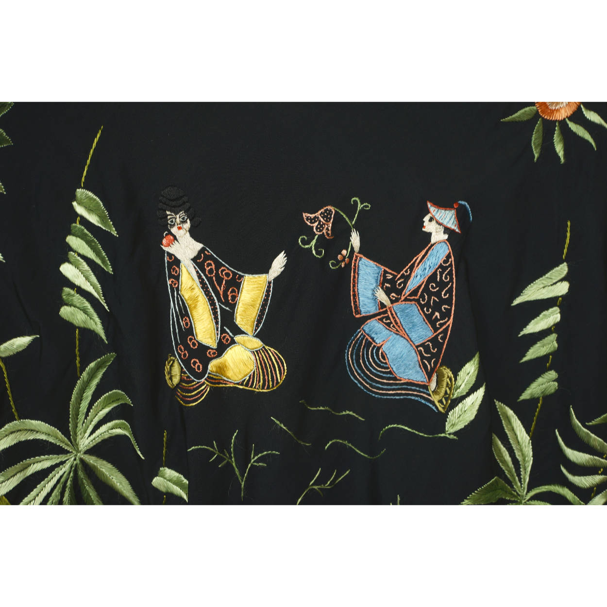 Art Deco Chinese Canton Silk Embroidered Shawl People w Floral Embroidery As Is - Poppy's Vintage Clothing