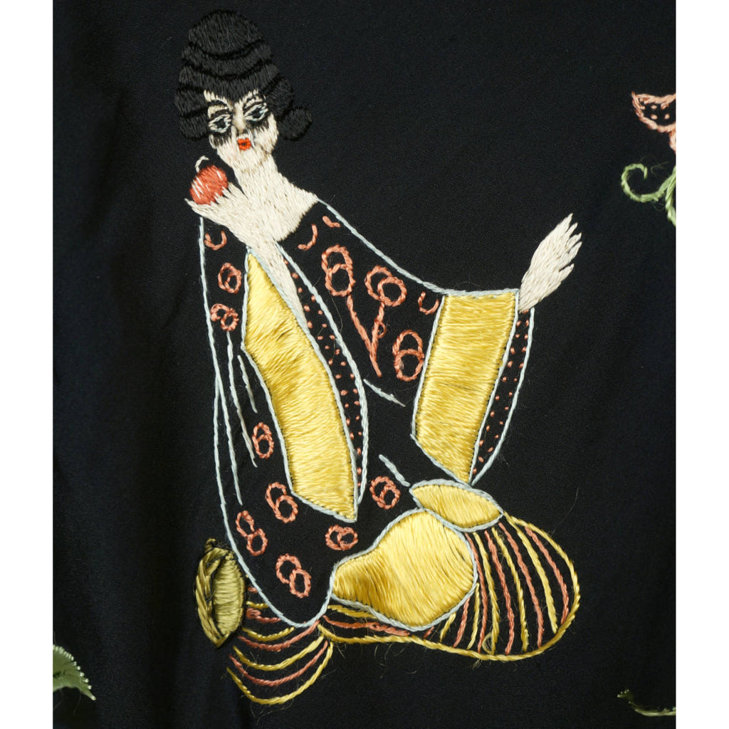 Art Deco Chinese Canton Silk Embroidered Shawl People w Floral Embroidery As Is - Poppy's Vintage Clothing