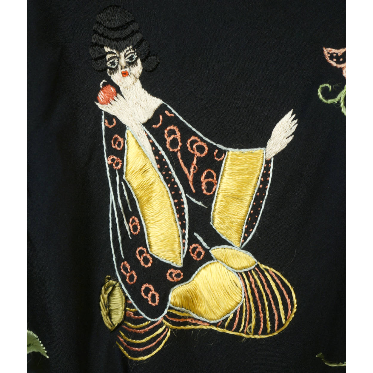 Art Deco Chinese Canton Silk Embroidered Shawl People w Floral Embroidery As Is - Poppy's Vintage Clothing