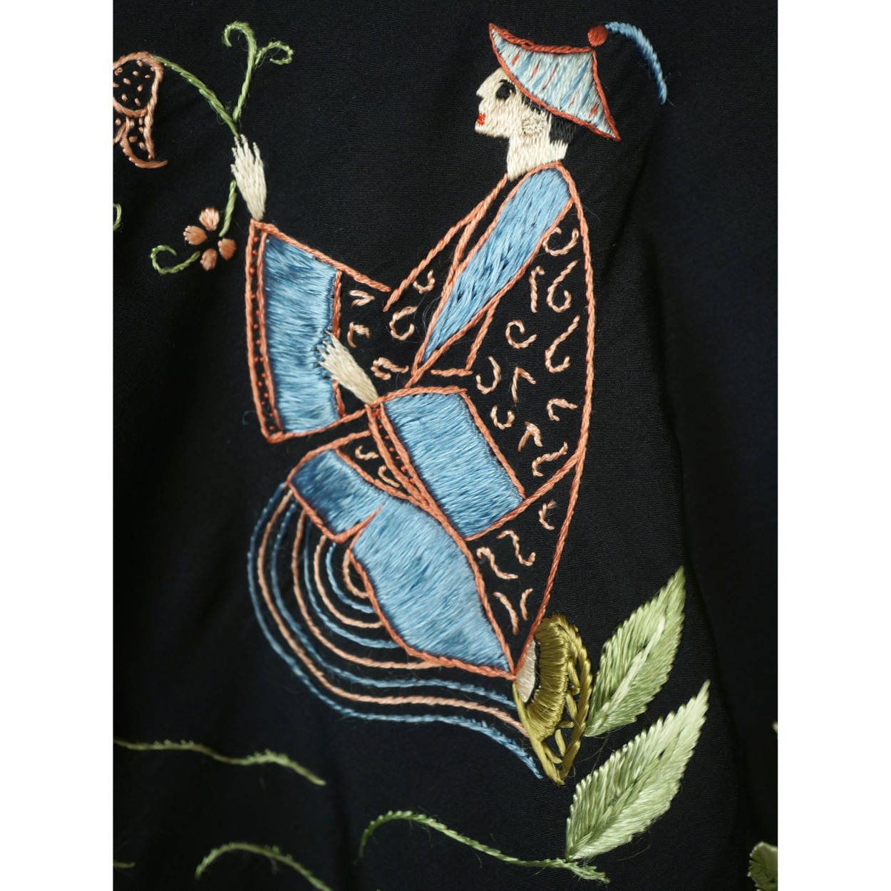 Art Deco Chinese Canton Silk Embroidered Shawl People w Floral Embroidery As Is - Poppy's Vintage Clothing