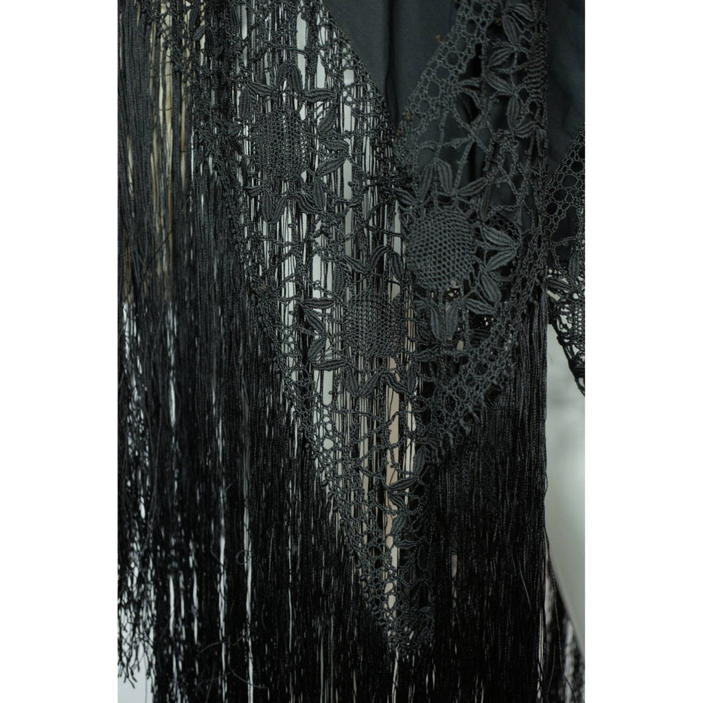 Art Deco Chinese Canton Silk Embroidered Shawl People w Floral Embroidery As Is - Poppy's Vintage Clothing