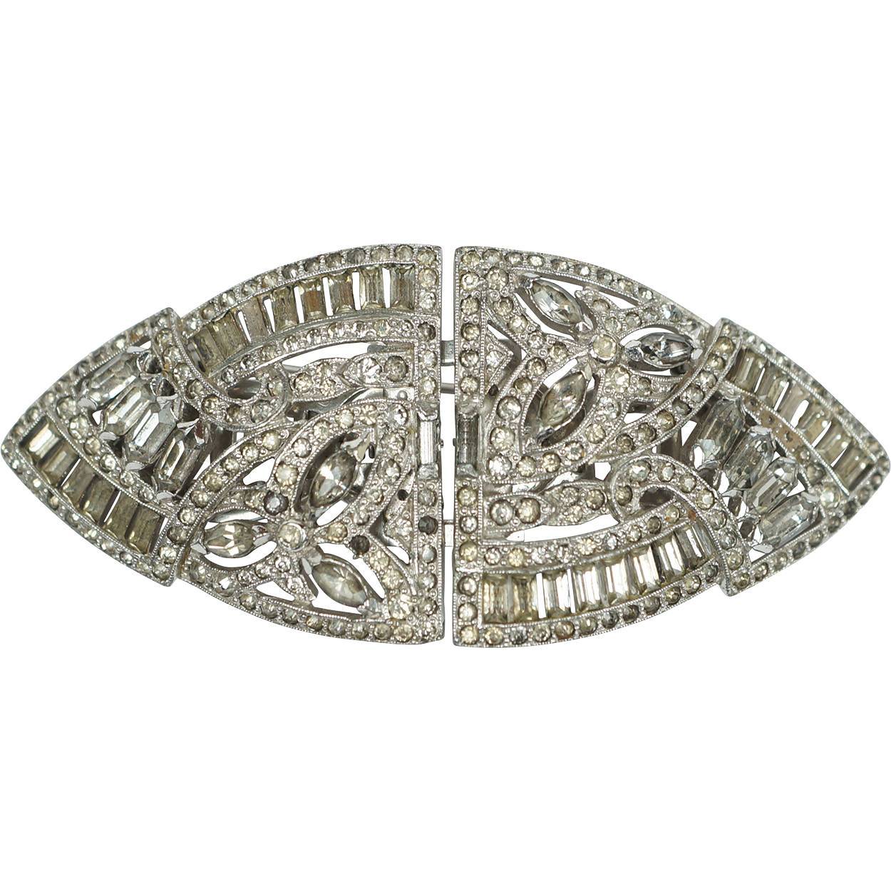 Art Deco 1930s Canadian Coro Duette Dress Clips Brooch w Rhinestones 1935 - Poppy's Vintage Clothing