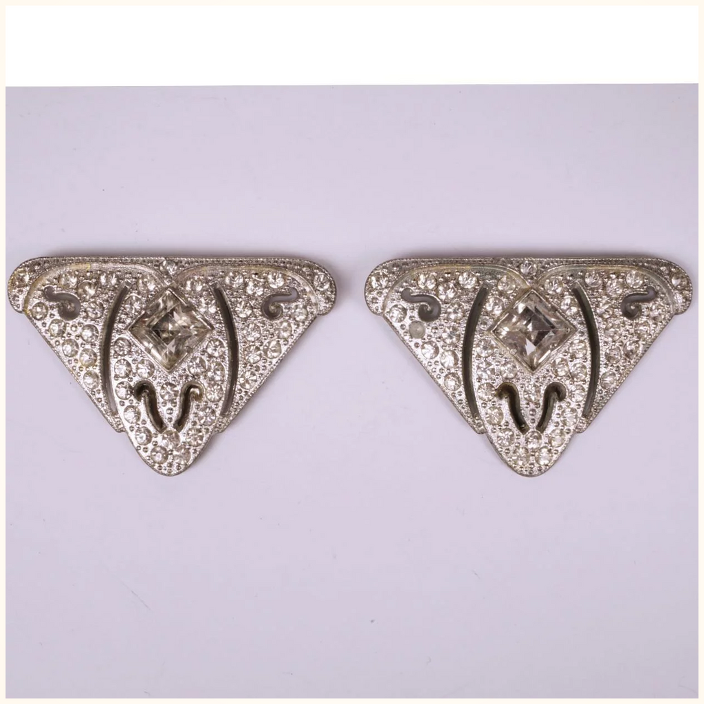 Vintage 1930s Art Deco Rhinestone Dress Clips Pair - Poppy's Vintage Clothing