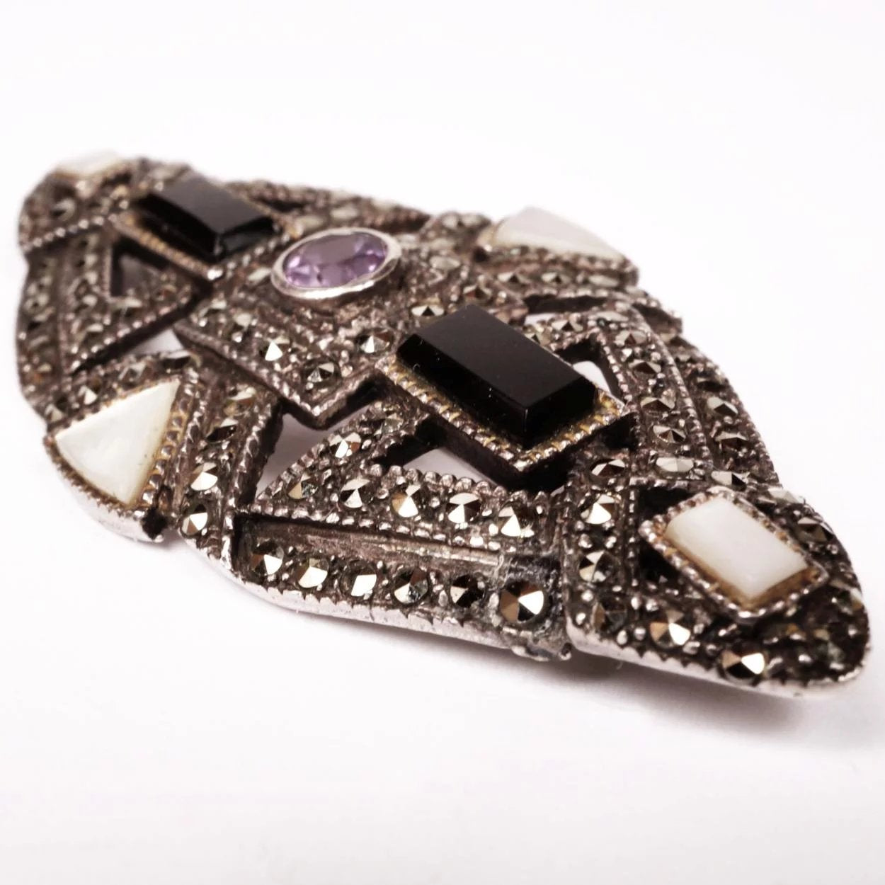 Vintage Art Deco Sterling Silver Marcasite Brooch w Amethyst Onyx and MOP - Poppy's Vintage Clothing