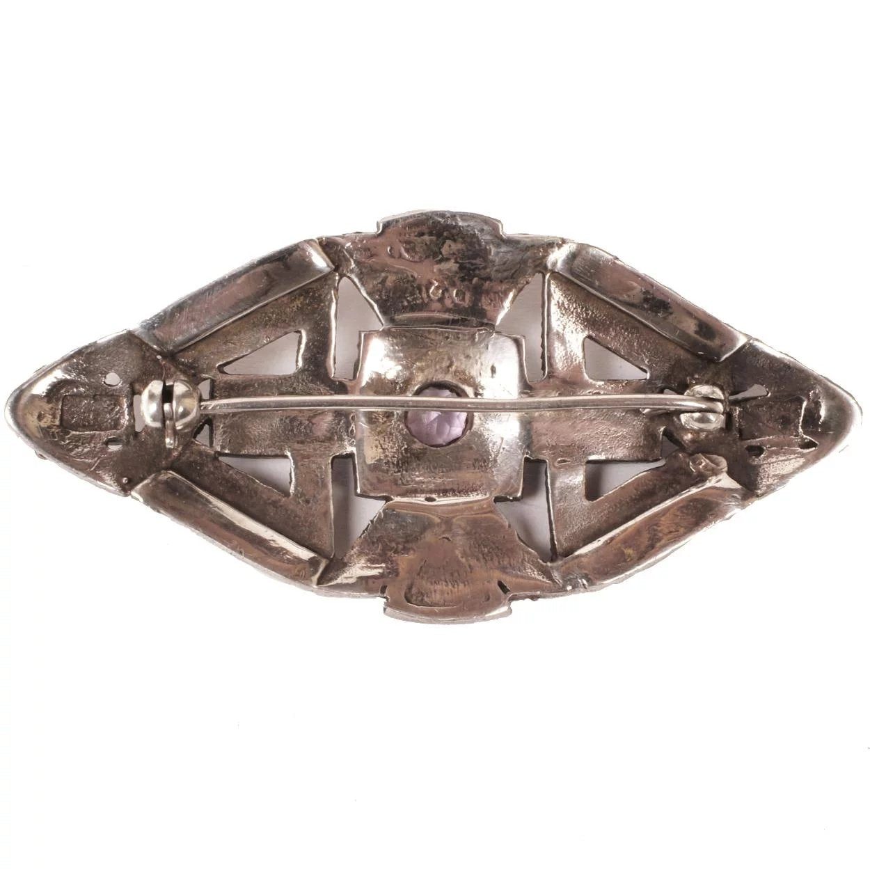 Vintage Art Deco Sterling Silver Marcasite Brooch w Amethyst Onyx and MOP - Poppy's Vintage Clothing