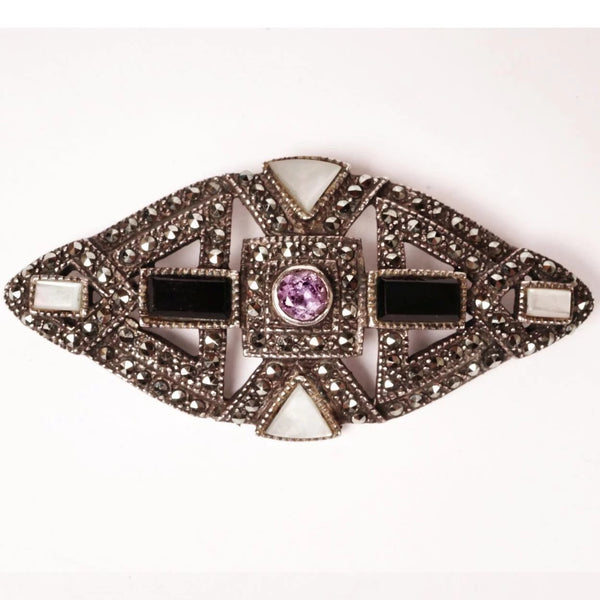 Vintage Art Deco Sterling Silver Marcasite Brooch w Amethyst Onyx and MOP - Poppy's Vintage Clothing