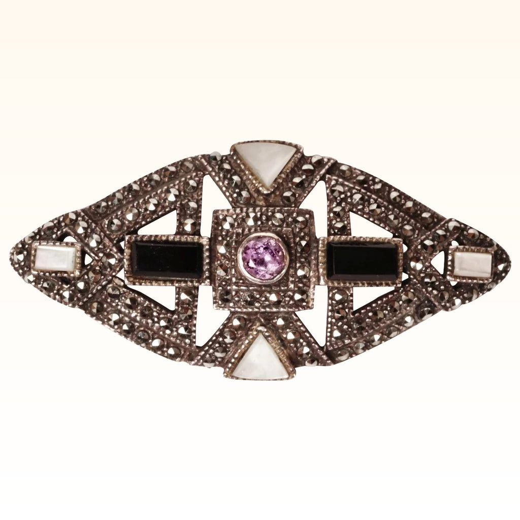 Vintage Art Deco Sterling Silver Marcasite Brooch w Amethyst Onyx and MOP - Poppy's Vintage Clothing