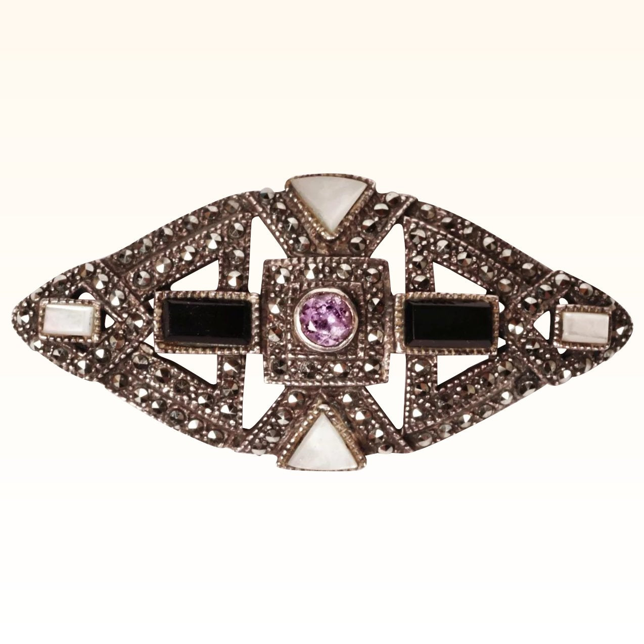 Vintage Art Deco Sterling Silver Marcasite Brooch w Amethyst Onyx and MOP - Poppy's Vintage Clothing