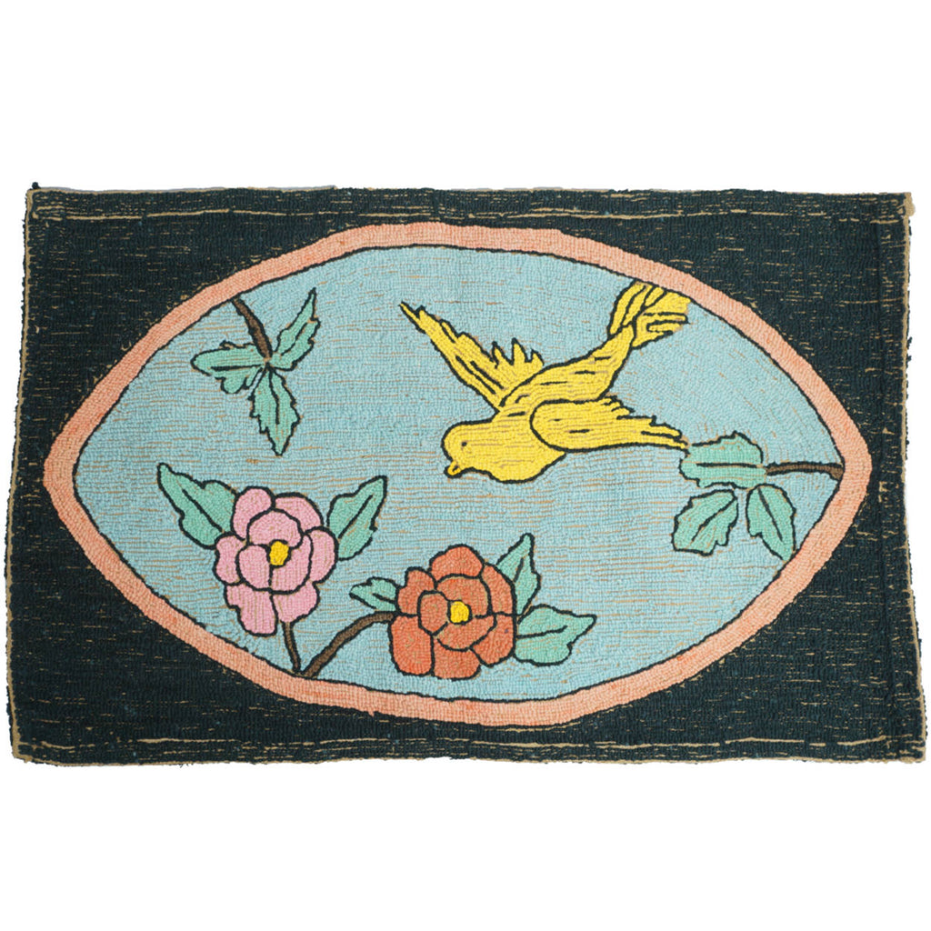 Vintage Folk Art Hooked Rug Bird &amp; Flower Scene Deco Era 1920s 30s - Poppy's Vintage Clothing