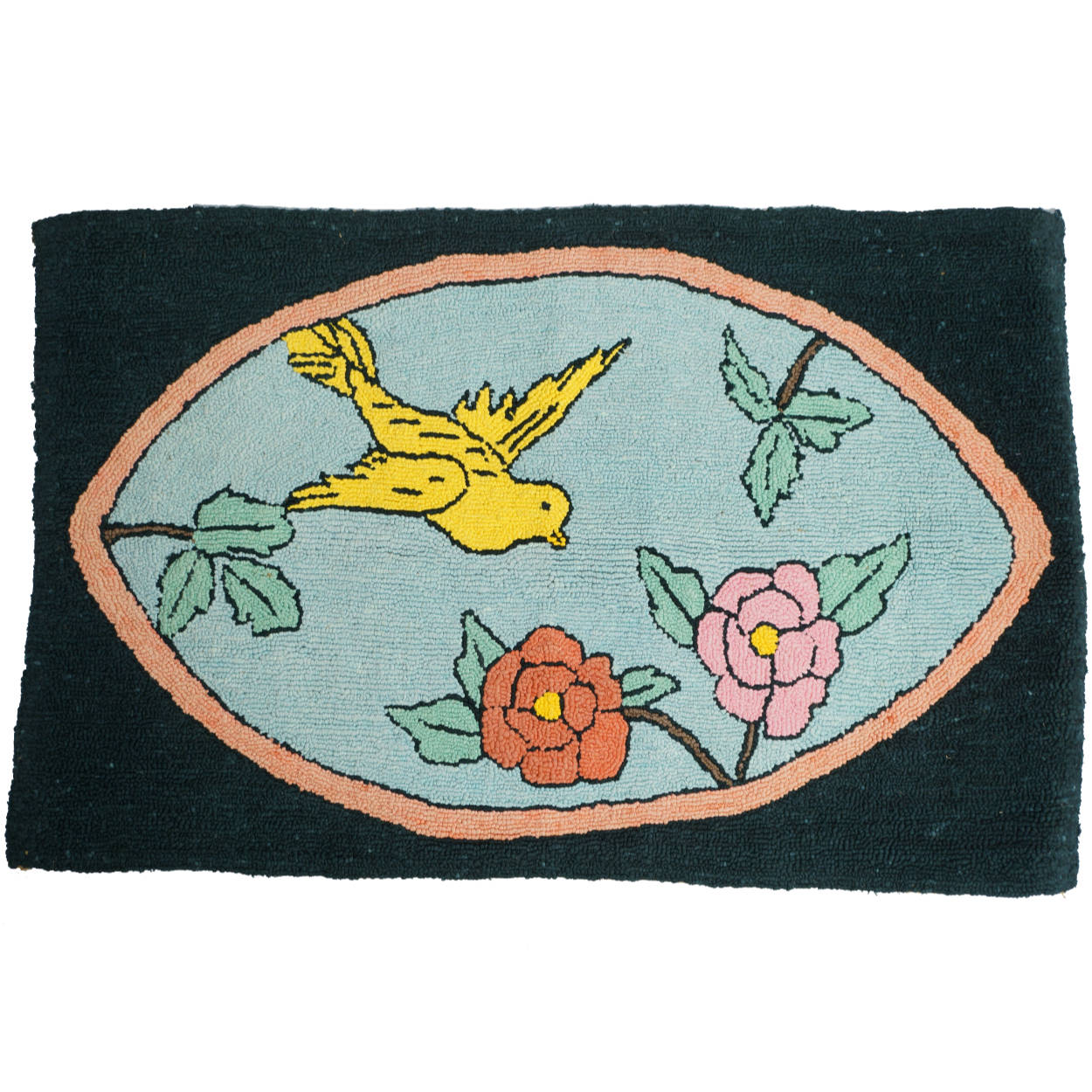 Vintage Folk Art Hooked Rug Bird & Flower Scene Deco Era 1920s 30s