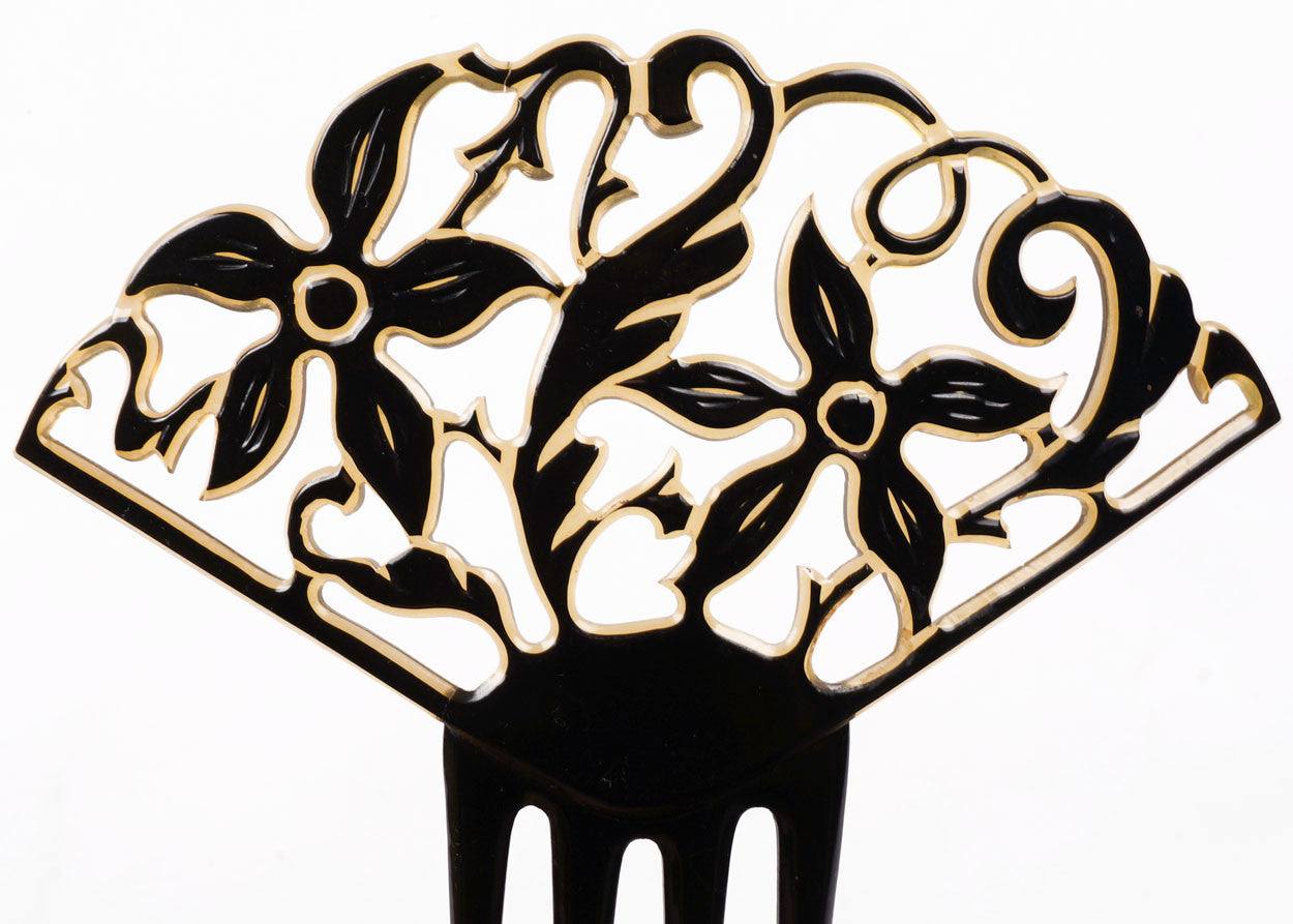 Art Deco Celluloid Hair Comb Black over Light Yellow Two Tone - Poppy's Vintage Clothing